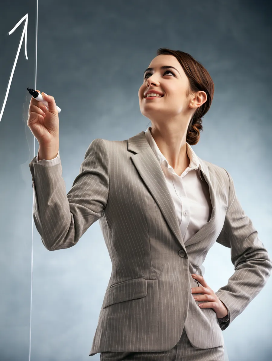 American businesswoman drawing an upward arrow showing credit score improvement