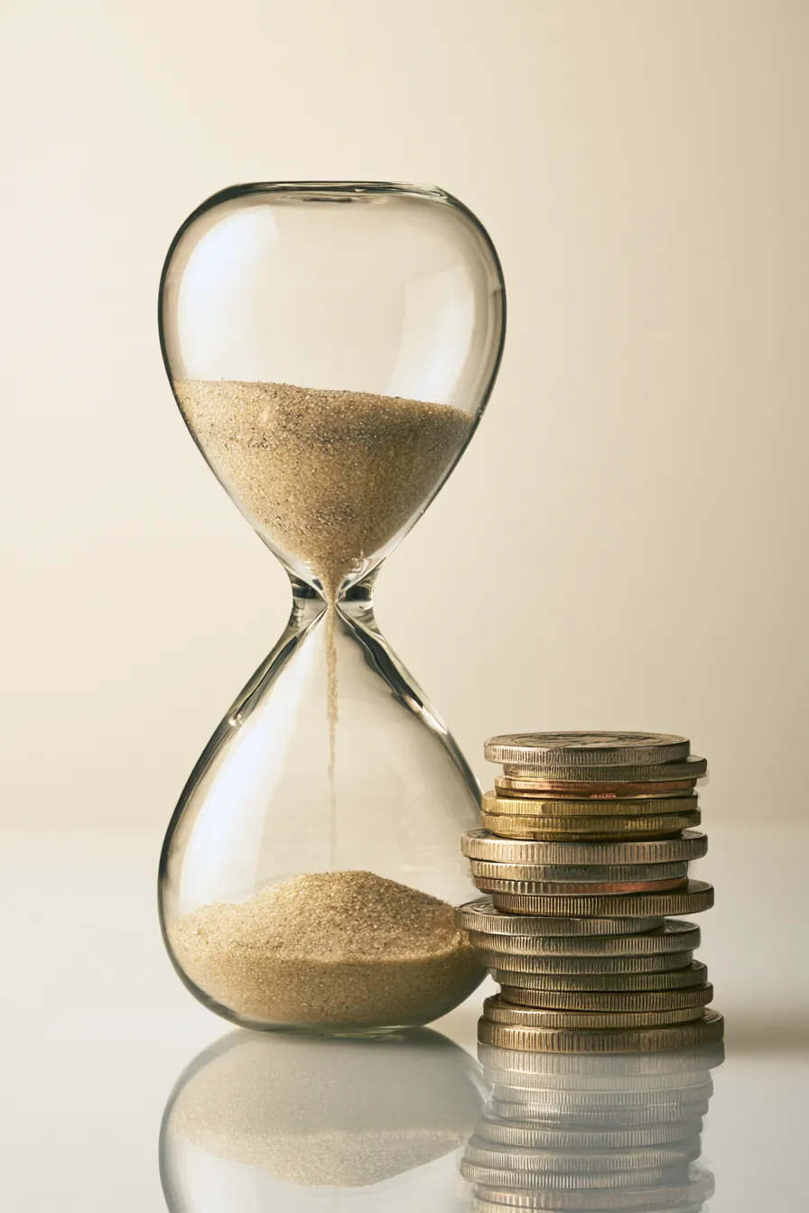 Hourglass beside a stack of coins showing how quickly a personal loan can fund