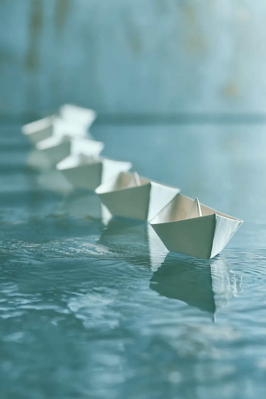 Line of paper boats representing debts paid off one at a time in the snowball method