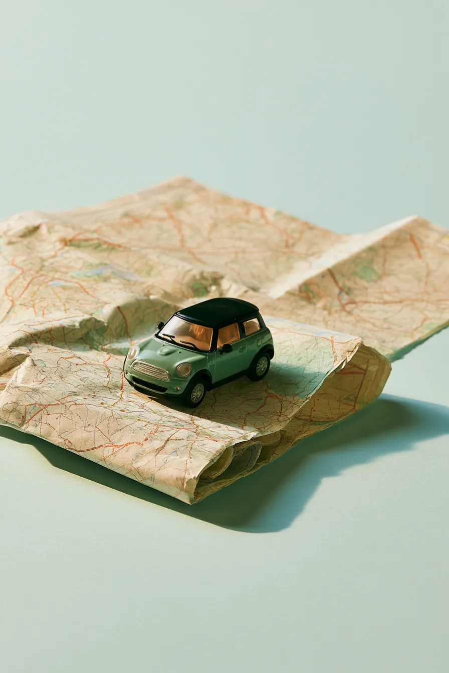 Road map with toy car representing the true cost route of a car breakdown