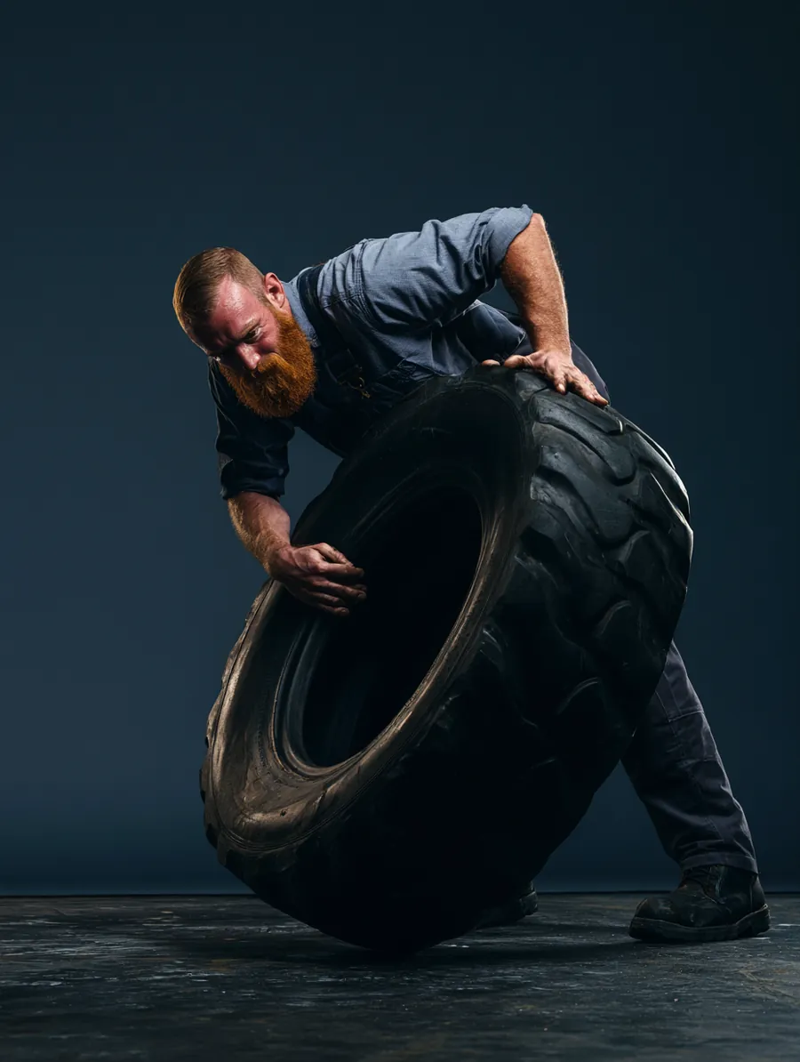 American mechanic rolling a tire during an auto repair covered by a personal loan