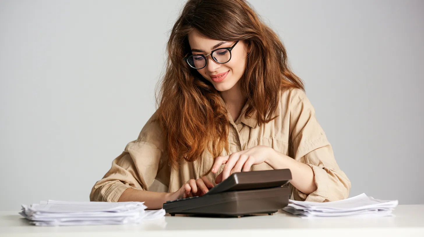 American woman using a desktop calculator to estimate a personal loan payment
